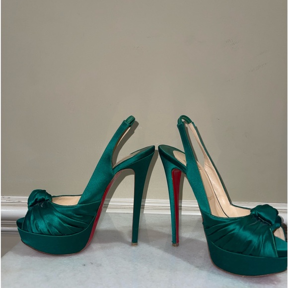 Satin Green Christian Louboutin Open Toe Knotted Platform Heels - Picture 4 of 7
